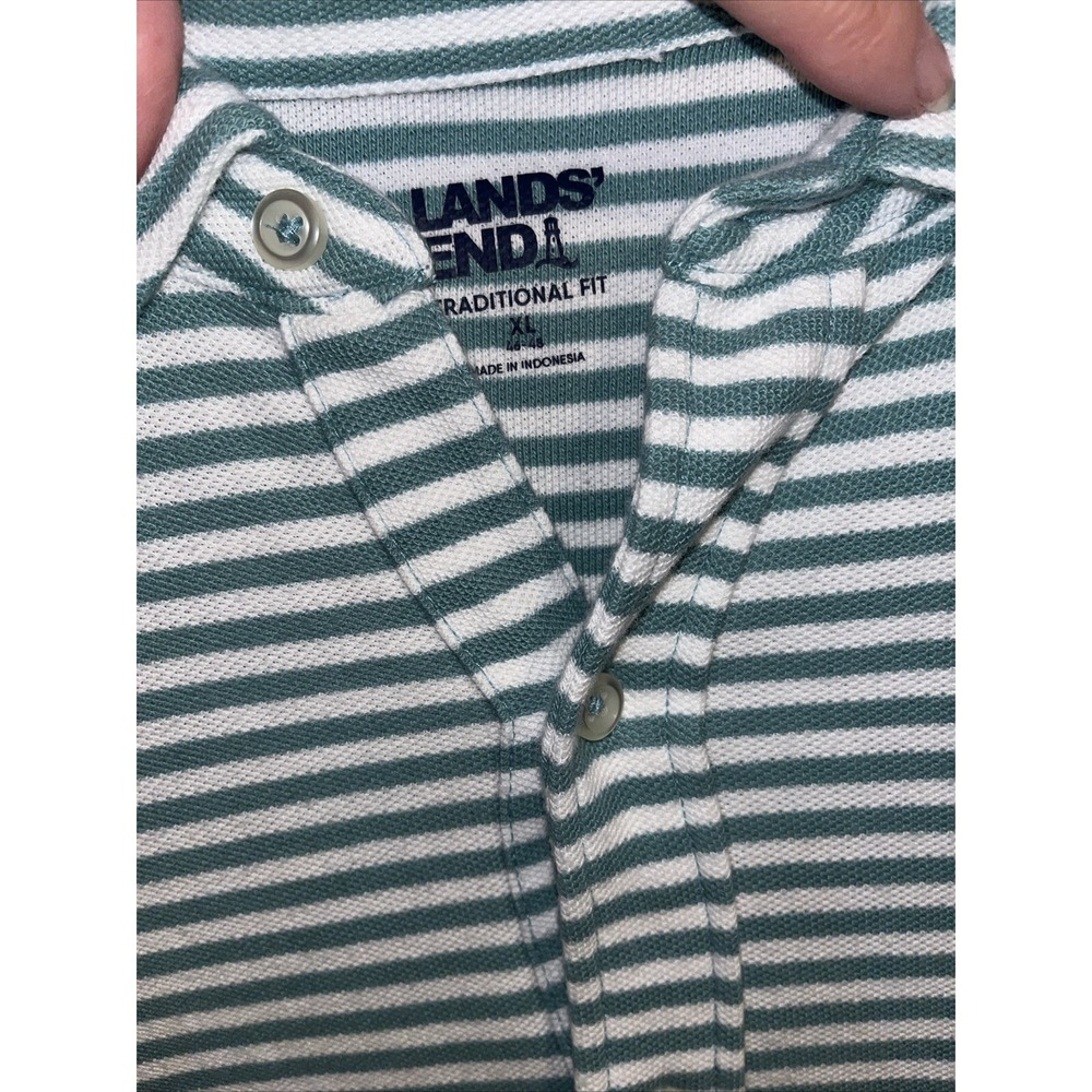 Preppy Lands End Shirt XL Green White Stripe Knit Button Up Long Sleeve Casual - Picture 6 of 15